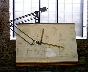 Historic drafting board with double parallelogram linkages and balancing mass