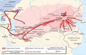 Mapa znázorňující rozšiřování Mongolské říše a vpád Mongolů na Kavkaz a do oblastí Rusi v letech 1222 až 1223