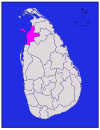 Area map of Mannar District, along the north western coast with eastern border extending towards the interior, also including a large island roughly oval in shape, in the Northern Province of Sri Lanka