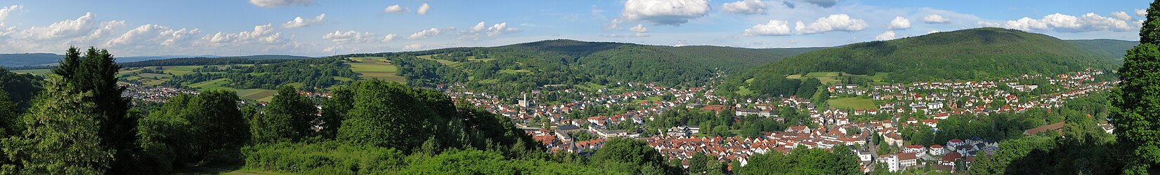 Blick über die Stadt vom Wartturm auf dem Molkenberg; im Hintergrund: links Vogelsberg, mitte Große Kuppe, rechts Wintersberg