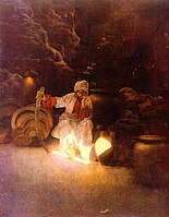 Ali Baba ve Kırk Haramiler masalında Ali Baba'nın abisi Kasım'ı mağarada tasvir eden çizim. (Maxfield Parrish, 1909)