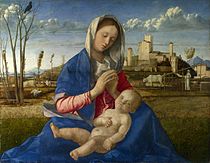 乔瓦尼·贝利尼的《草地上的圣母（英语：Madonna del Prato (Bellini)）》，67.3 × 86.4cm，约作于1500年，自1858年起收藏[35]