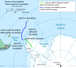 Outline map showing Weddell Sea, Elephant Island and South Georgia with parts of the landmasses of Antarctica and South America. A line indicates the path of the voyage from Elephant Island to South Georgia.