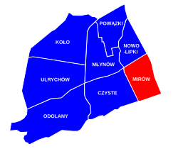 Location of Mirów neighbourhood (red) in the District of Wola (navy blue)