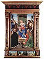 Pugliese-Altar, Szene: Thronende Madonna, Hl. Petrus, Hl. Johannes dem Täufer, Hl. Nikolaus von Bari und Hl. Dominikus von Piero di Cosimo, 1485-1490