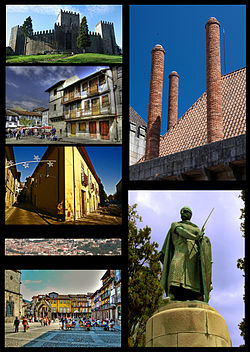 Clockwise from top left: Guimarães Castle, a chimney at the Duke of Braganza's Palace, statue of آلفونسو اول پرتغال at the Ducal Palace, Oliveira Plaza, panoramic view of Guimarães historical heritage area from Mount Penha, Santa Maria Street, Santiago Plaza