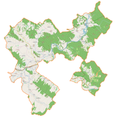 Mapa konturowa gminy wiejskiej Sanok, u góry nieco na prawo znajduje się punkt z opisem „Łodzina”