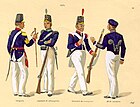 Soldati di fanteria, caçadores stranieri (fanteria leggera), granatieri stranieri e caçadores dell'esercito imperiale brasiliano nel periodo della guerra argentino-brasiliana, 1825.