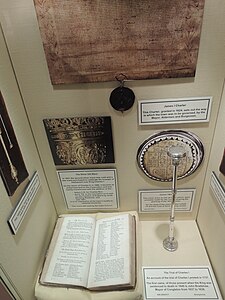 Display case including a copy of a James I Charter