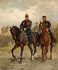 In dem undatierten Gemälde sind Kaiser Wilhelm I. und Kronprinz Friedrich in vorderster Reihe zu sehen. Sie reiten auf braunen Pferden und nehmen eine Parade ab. In zweiter Reihe angedeutet ist unter anderem Generalstabschef Helmuth von Moltke. Am linken Bildrand ist die Signatur E. Hünten zu erkennen. Sie verweist auf den Schlachtenmaler Emil Hünten, Ausstellungsort unbekannt