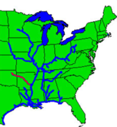 Inland waterway system with McClellan-Kerr Navigational Channel shown in red