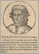 After Cornelis Cort (?). Portrait of Hieronymus Bosch . circa 1611 date QS:P,+1611-00-00T00:00:00Z/9,P1480,Q5727902 . houtsnede. From P. Opmeer en L. Beyerlinck (1611) Opus chronographicum orbis universi a mundi exordio usque ad ann. 1611. [....] [vol. 2], Antwerpen: s.n.