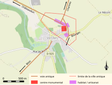 Carte en couleurs représentant la topographie d'une ville antique sur un fond de carte contemporain.