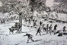 Pen and ink sketch of a sparse line of soldiers firing rifles at a larger force of soldiers charging at them. One of the oncoming soldiers carries the Confederate battle flag