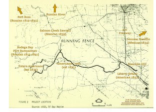 The Running Fence's 24.5 mile course with Russian, Mexican, and American historic features noted.