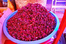 Dried flowers of the flor de Jamaica (hibiscus) plant, used to make agua de Jamaica, or Jamaica iced tea DriedJamaicaMet.JPG