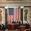 Carl Hayden, Hintergrund rechts, während einer Rede von Präsident Lyndon B. Johnson, 1963