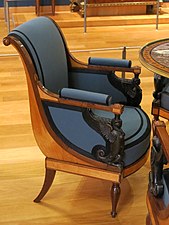 Armchair of the salon of Juliette Récamier; attributed to Jacob Frères; c.1798; various types of wood; 84.5 x 62.2 x 62 cm; Louvre[74]