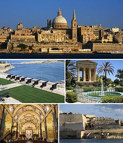 From top: Skyline, Saluting Battery, Lower Barrakka Gardens, St. John's Co-Cathedral and the city walls