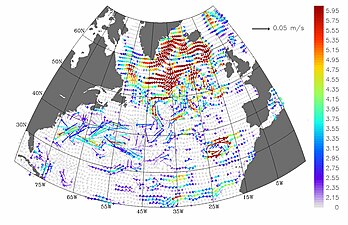 L'extrem vermell de l'espectre indica una desacceleració en aquesta presentació de la tendència de velocitats derivada de les dades de l'altímetre de Pathfinder de la NASA des de maig de 1992 fins a juny de 2002. Font: NASA.