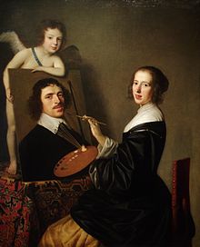 "Allegory of Painting" by Gerard van Honthors. Painting of a woman painting a portrait of a man, with the canvas supported by a cherub;all looking at the viewer.