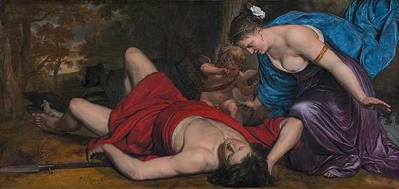 Venus and Cupid lamenting the dead Adonis (1656) by Cornelis Holsteyn