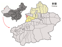 Location of Huocheng County (pink) in Ili Kazakh Autonomous Prefecture (yellow) and Xinjiang (light grey)