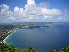 Vue d'ensemble de la plage du Diamant depuis le sommet du Morne Larcher