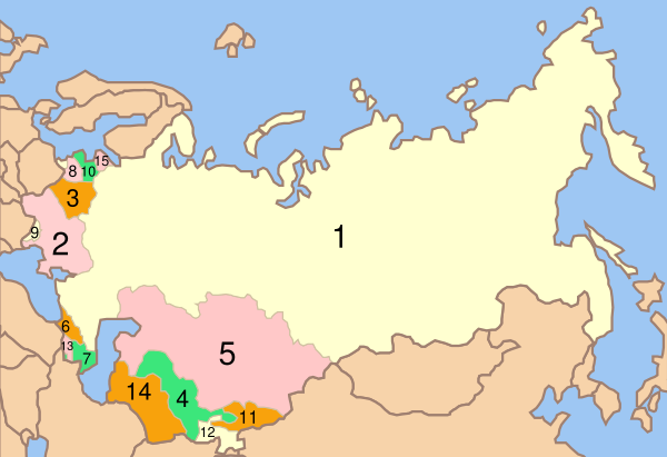 Mapa svazu republik 1956–1991 s vyznačenými svazovými republikami