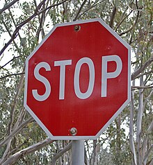 A stop sign in Australia. This style, a red octagon with the word "Stop" in either English or the national language of that particular region, is used by the greatest number of countries STOP sign.jpg