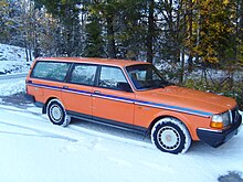 A Volvo 245 GL station wagon from 1988 in its distinctive hi-vis orange livery used as a service vehicle by Televerket and Telia. The blue cheatline was later added to the exterior in the early-1990s after the corporatisation of Televerket into Telia. Volvo240televerket.JPG