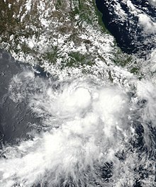 Satellite image of Tropical Storm Carlotta paralleling the southern coast of Mexico on June 16