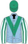 Light blue, emerald green chevron, white and emerald green striped sleeves, emerald green cap