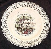 Brownhills alphabet plate, Aesop's Fables series, The Fox and the Grapes c. 1880. Brownhills alphabet plate.jpg