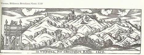 Incisione di Cristoforo Rosio, 1653[2], con l'arco delle Scalette, il Monte Berico, la chiesa e l'apparizione della Madonna.