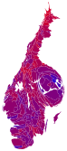 Cartograma apare remodelată și prezintă voturile valide înregistrate în fiecare municipalitate . Albastrul închis reprezintă o majoritate relativă pentru coaliția de centru-dreapta, roșu aprins reprezintă o majoritate relativă pentru coaliția de aripă-stânga .