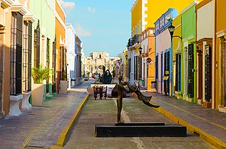 Sidewalk with contemporary art sculptures in San Francisco de Campeche, Mexico.