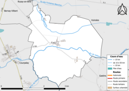 Carte en couleur présentant le réseau hydrographique de la commune