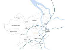 Plan des communes de Bordeaux Métropole. La plupart des communes se situent à l'ouest de la ville.