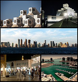 From top: கத்தார் பல்கலைக்கழகம், இசுலாமியக் கலை அருங்காட்சியகம், Doha Skyline, வக்கிஃப் சந்தை, பேர்ல்