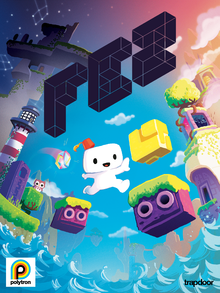 The cover art, drawn with a bright, painterly color palette, shows a cartoonish Gomez hopping between two purple platforms lined with grass. The black, angled Fez logo is in the foreground, and various parts of Fez, including animals, the multicolored guide, a lighthouse, and the sea are shown in the background.