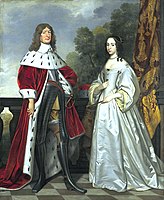 Gerard van Honthorst and workshop. Double portrait of Friedrich Wilhelm I, Grand Elector of Brandenburg and his wife Louise Henriette of Oranje-Nassau (1627-1667) label QS:Len,"Double portrait of Friedrich Wilhelm I, Grand Elector of Brandenburg and his wife Louise Henriette of Oranje-Nassau (1627-1667)" label QS:Lpl,"Portret podwójny Fryderyka Wilhelma I, wielkiego elektora Brandenburii i jego żony Louise Henriette of Oranje-Nassau" label QS:Lnl,"Dubbelportret van Friederich Wihelm I, keurvorst van Brandenburg (1620-1688) en zijn echtgenote Louise Henriëtte van Oranje-Nassau (1627-1667)" около 1647 date QS:P,+1647-00-00T00:00:00Z/9,P1480,Q5727902 . масло по дереву medium QS:P186,Q296955;P186,Q106857709,P518,Q861259 . 222 × 181 см. Гаага, Королевская галерея Маурицхёйс.