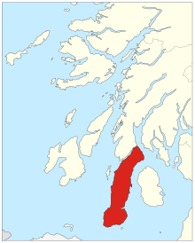 Kintyre is highlighted in red. The "Mull of Kintyre" properly refers to the headland at the southernmost end, but in this context the apparent angle of the whole peninsula is the relevant standard against which a penis would be compared. Kintyre-Scotland.svg