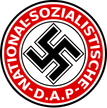 Nazi Party logo, with black swastika surrounded by white lettering on red ring