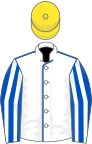 White, royal blue seams, royal blue and white striped sleeves, yellow cap