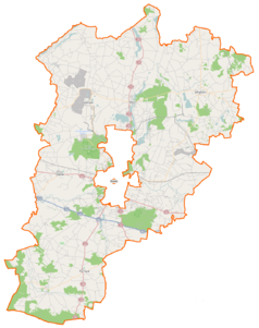 Mapa konturowa powiatu konińskiego, u góry po prawej znajduje się punkt z opisem „Belny”