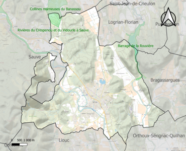 Carte des ZNIEFF de type 1 sur la commune.