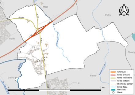 Carte en couleur présentant le réseau hydrographique de la commune