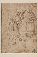 front: Two witches. circa 1470-1516. pen en bruin inkt op papier. 12,5 × 8,5 cm. Rotterdam, Museum Boijmans Van Beuningen.