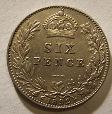 A British Victorian sixpence, traditionally worn in the bride's left shoe on her wedding day. GREAT BRITAIN, VICTORIA 1892 -SIXPENCE a - Flickr - woody1778a.jpg